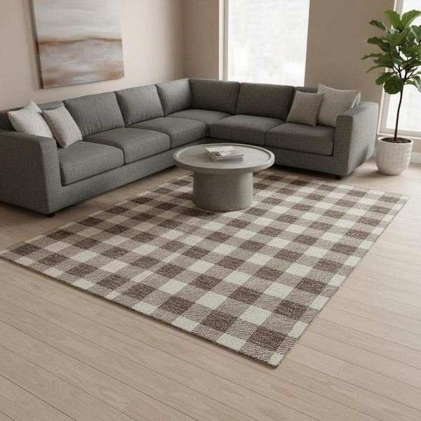 HomeRoots 9' X 12' Brown and Beige Plaid Washable Area Rug - Durable, Stain-Resistant, UV Protected for Family Spaces 673362