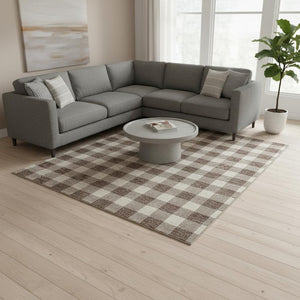 HomeRoots 10' Brown and Beige Plaid Washable Area Rug – UV Protected, Durable, Stain-Resistant for Homes 673363