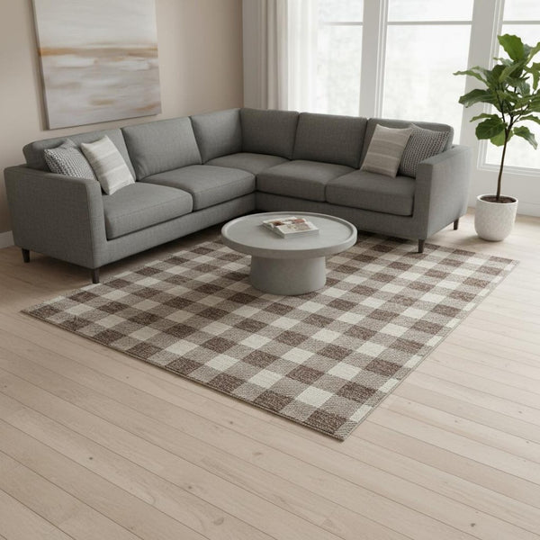 HomeRoots 10' Brown and Beige Plaid Washable Area Rug – UV Protected, Durable, Stain-Resistant for Homes 673363