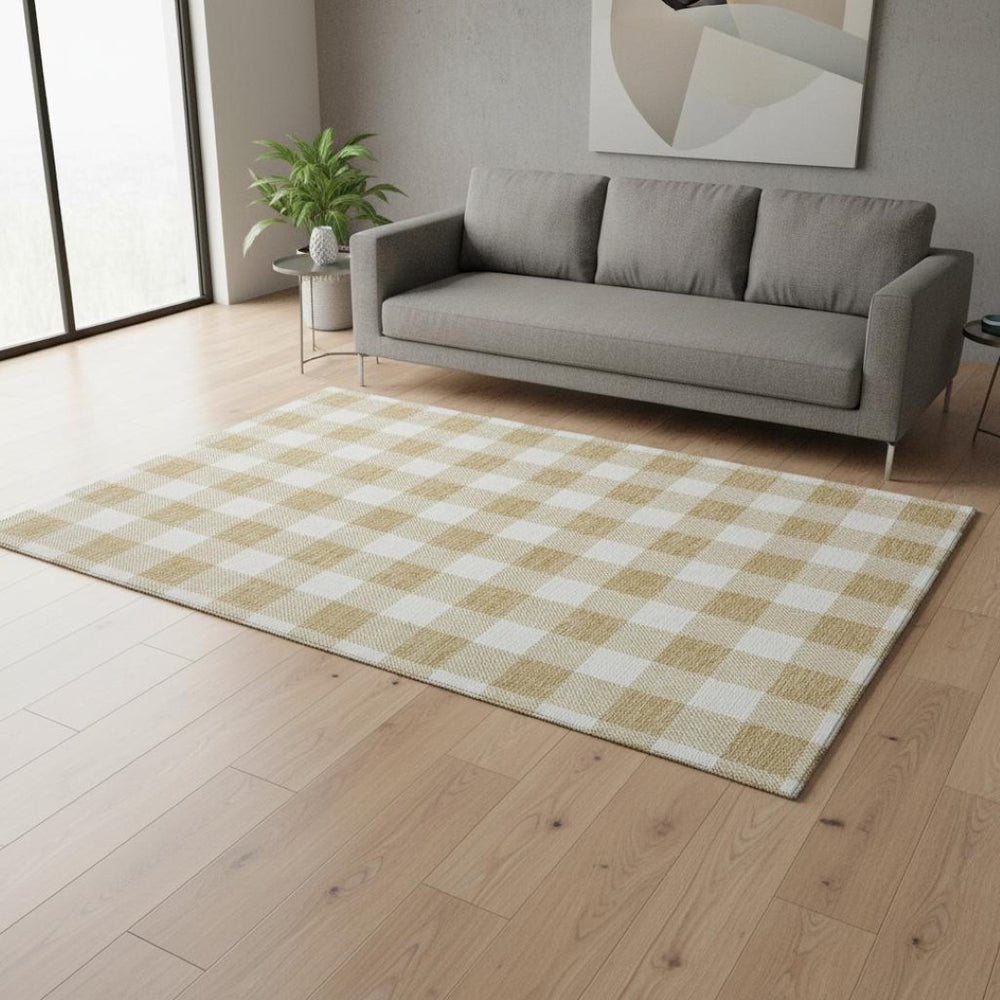 HomeRoots 5' X 8' Gold and Ivory Plaid Washable Area Rug with UV Protection - Durable, Stylish, Easy-Care Solution 673365