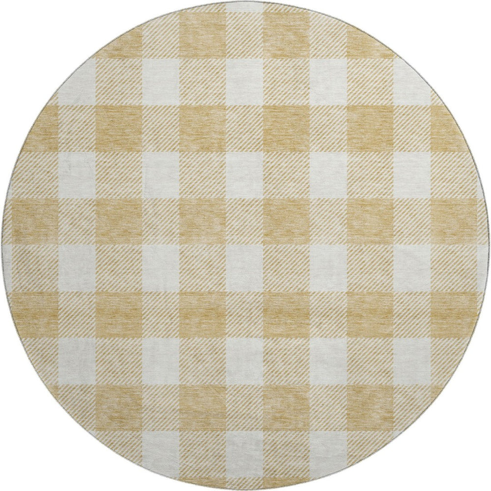 HomeRoots 8' Gold and Ivory Plaid Washable Round Rug - Durable, Stain-Resistant, UV Protected for Busy Homes 673366