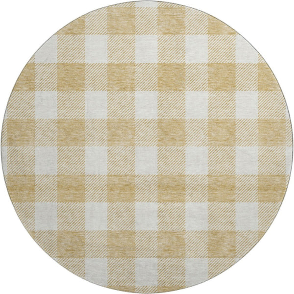 HomeRoots 8' Gold and Ivory Plaid Washable Round Rug - Durable, Stain-Resistant, UV Protected for Busy Homes 673366