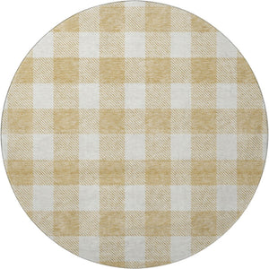 HomeRoots 8' Gold and Ivory Plaid Washable Round Rug - Durable, Stain-Resistant, UV Protected for Busy Homes 673366