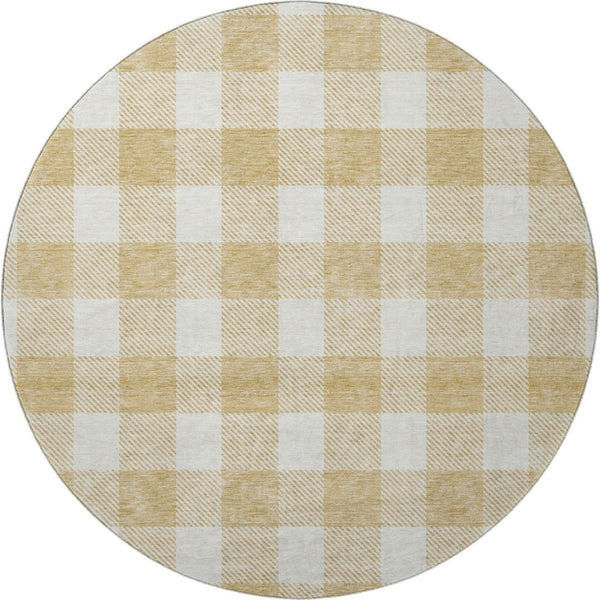 HomeRoots 8' Gold and Ivory Plaid Washable Round Rug - Durable, Stain-Resistant, UV Protected for Busy Homes 673366