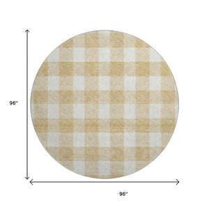 HomeRoots 8' Gold and Ivory Plaid Washable Round Rug - Durable, Stain-Resistant, UV Protected for Busy Homes 673366