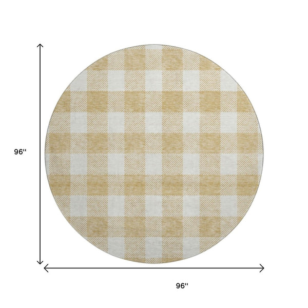 HomeRoots 8' Gold and Ivory Plaid Washable Round Rug - Durable, Stain-Resistant, UV Protected for Busy Homes 673366