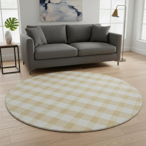 HomeRoots 8' Gold and Ivory Plaid Washable Round Rug - Durable, Stain-Resistant, UV Protected for Busy Homes 673366