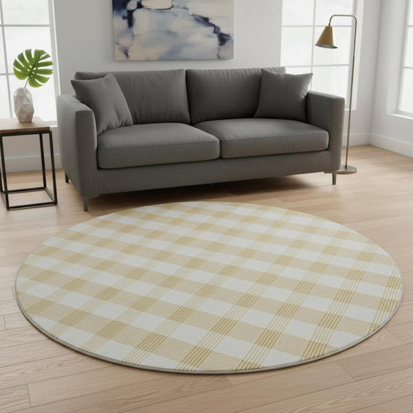 HomeRoots 8' Gold and Ivory Plaid Washable Round Rug - Durable, Stain-Resistant, UV Protected for Busy Homes 673366