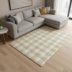 HomeRoots 8' X 10' Gold And Ivory Plaid Washable Area Rug - Stain-Resistant, UV Protected, Durable Design 673367