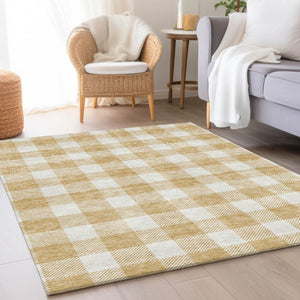 HomeRoots 8' X 10' Gold And Ivory Plaid Washable Area Rug - Stain-Resistant, UV Protected, Durable Design 673367