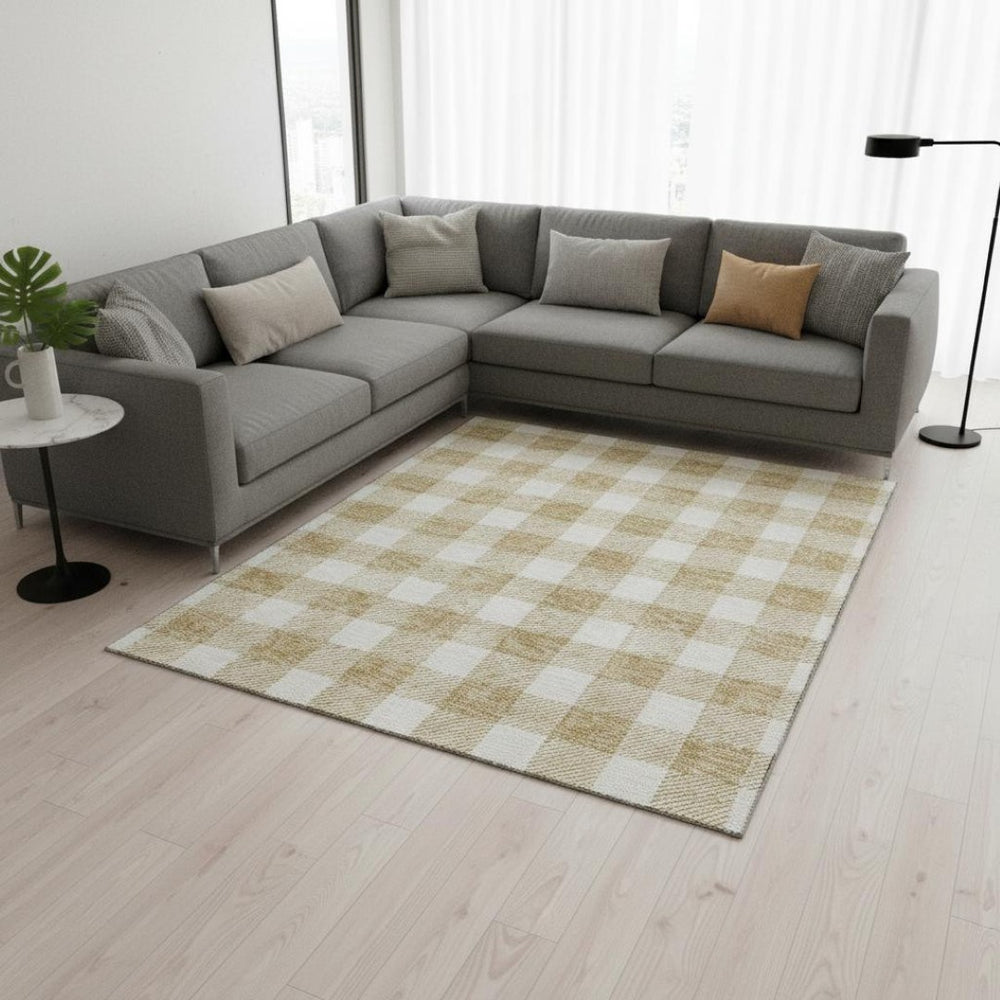 HomeRoots 9' X 12' Gold and Ivory Plaid Area Rug – Stain-Resistant, UV-Protected, Perfect for Busy Homes! 673368