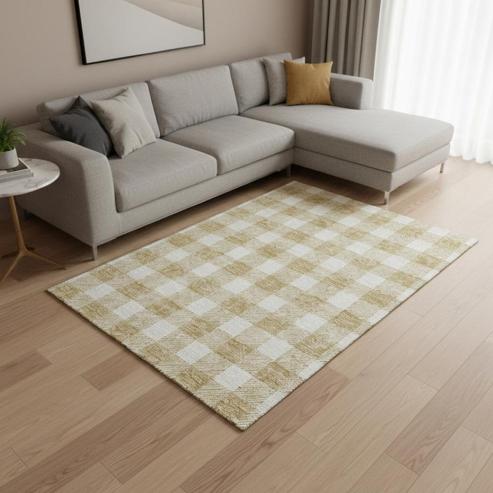 HomeRoots 10' Gold and Ivory Plaid Washable Area Rug with UV Protection – Stylish, Stain-Resistant Comfort! 673369