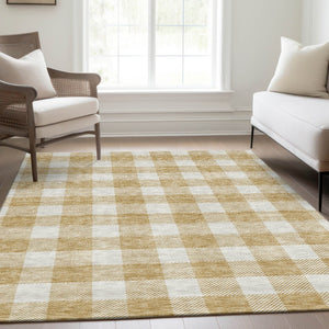 HomeRoots 10' Gold and Ivory Plaid Washable Area Rug with UV Protection – Stylish, Stain-Resistant Comfort! 673369