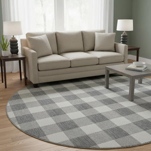 HomeRoots 8' Gray and Ivory Plaid Washable Round Rug - Durable, UV-Protected, Perfect for Modern & Traditional Decor 673372
