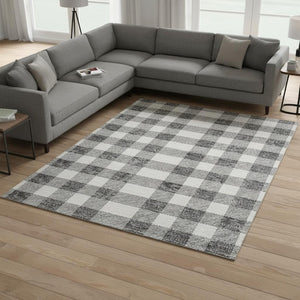HomeRoots 8' X 10' Gray and Ivory Plaid Washable Area Rug - Durable, UV-Protected, Perfect for Family Homes! 673373