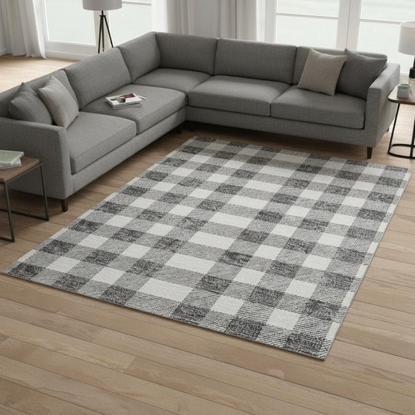 HomeRoots 8' X 10' Gray and Ivory Plaid Washable Area Rug - Durable, UV-Protected, Perfect for Family Homes! 673373
