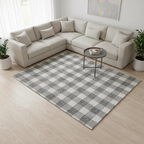 HomeRoots 9' X 12' Gray and Ivory Plaid Area Rug - Washable, Stain-Resistant, UV-Protected for Active Homes! 673374