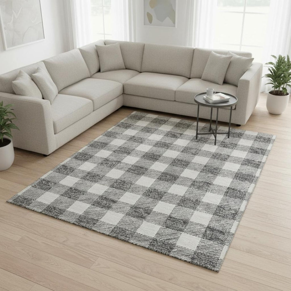 HomeRoots 10' X 14' Gray And Ivory Plaid Area Rug - Washable, UV-Protected, Durable Design for Busy Homes 673375