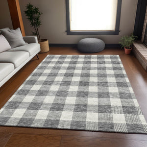 HomeRoots 10' X 14' Gray And Ivory Plaid Area Rug - Washable, UV-Protected, Durable Design for Busy Homes 673375