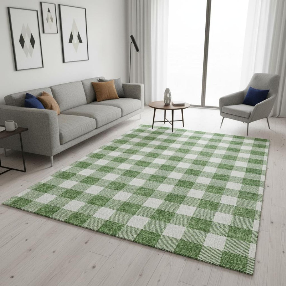 HomeRoots 5' X 8' Green and Ivory Plaid Washable Area Rug - Durable, Stain-Resistant, UV Protected for Home Elegance 673377