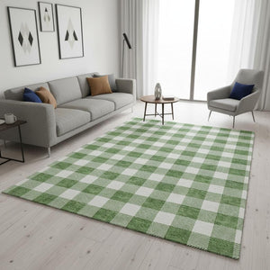 HomeRoots 5' X 8' Green and Ivory Plaid Washable Area Rug - Durable, Stain-Resistant, UV Protected for Home Elegance 673377