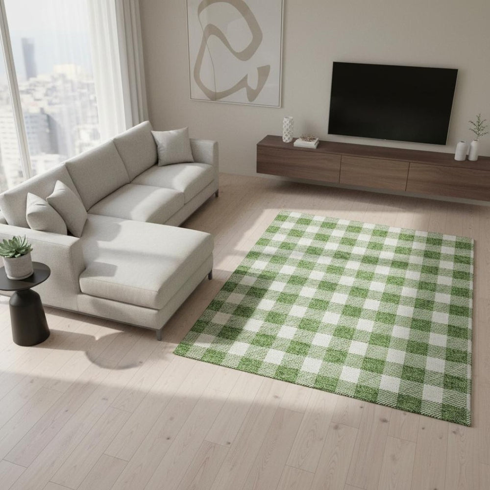 HomeRoots 8' X 10' Green and Ivory Plaid Area Rug – Washable, Stain-Resistant, UV Protected for Kids and Pets 673379