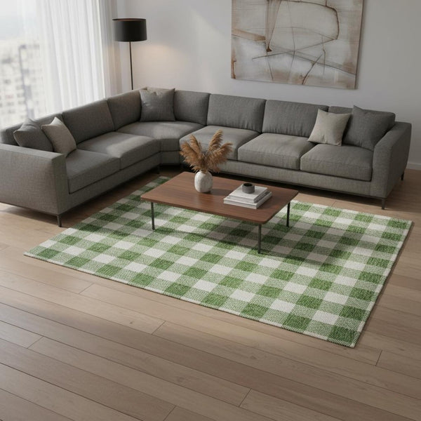 HomeRoots 9' X 12' Green and Ivory Plaid Washable Area Rug – Durable, UV Protected, Perfect for High-Traffic Spaces 673380