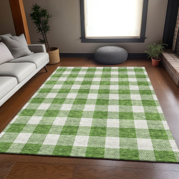HomeRoots 9' X 12' Green and Ivory Plaid Washable Area Rug – Durable, UV Protected, Perfect for High-Traffic Spaces 673380