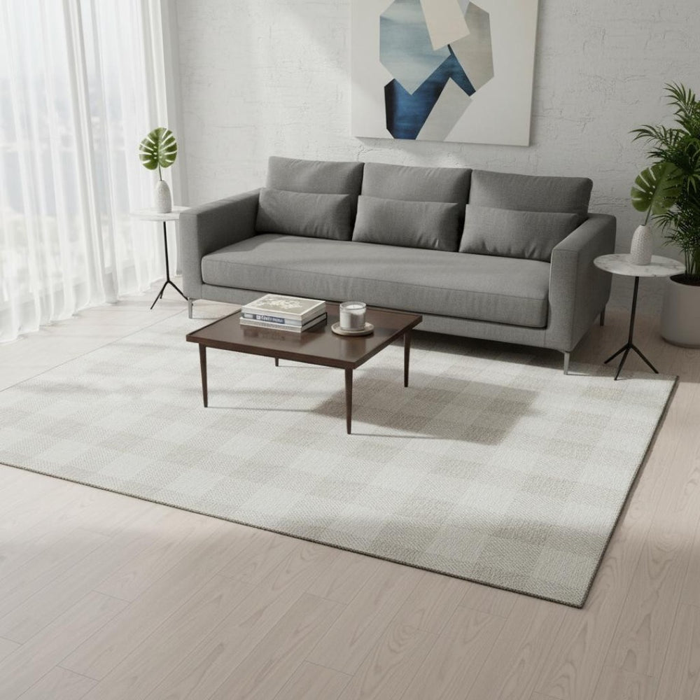 HomeRoots 5' X 8' Ivory and Beige Plaid Washable Area Rug - Durable, Stain-Resistant, UV-Protected Elegance 673383