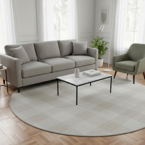 HomeRoots 8' Ivory and Beige Plaid Washable Round Rug - UV Protection, Stain-Resistant, Durable Design for Homes 673384