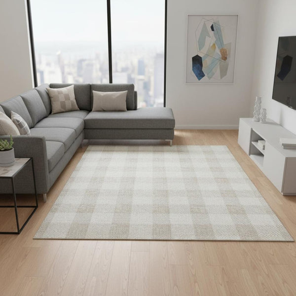 HomeRoots 8' X 10' Ivory and Beige Plaid Washable Area Rug - Durable, Stain Resistant, UV Protected for Homes 673385