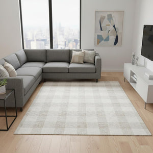 HomeRoots 9' X 12' Classic Ivory and Beige Plaid Washable Area Rug with UV Protection for Busy Homes 673386