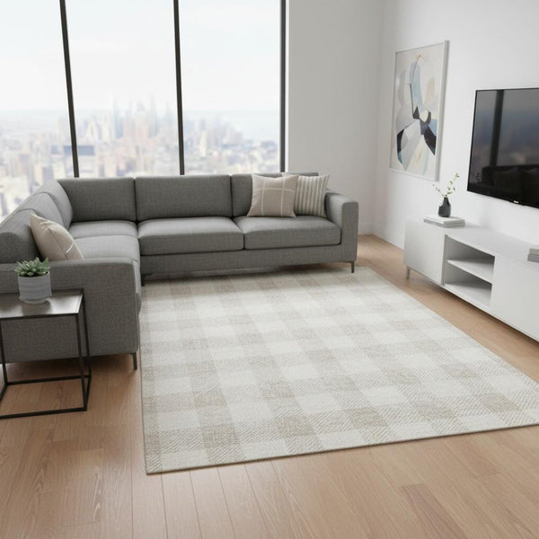 HomeRoots 10' X 14' Ivory And Beige Plaid Washable Area Rug - Durable, Stain Resistant, UV Protected Elegance 673387