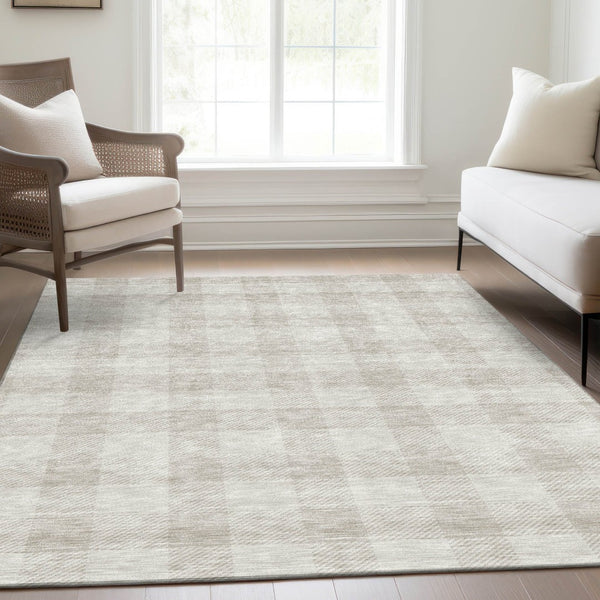 HomeRoots 10' X 14' Ivory And Beige Plaid Washable Area Rug - Durable, Stain Resistant, UV Protected Elegance 673387