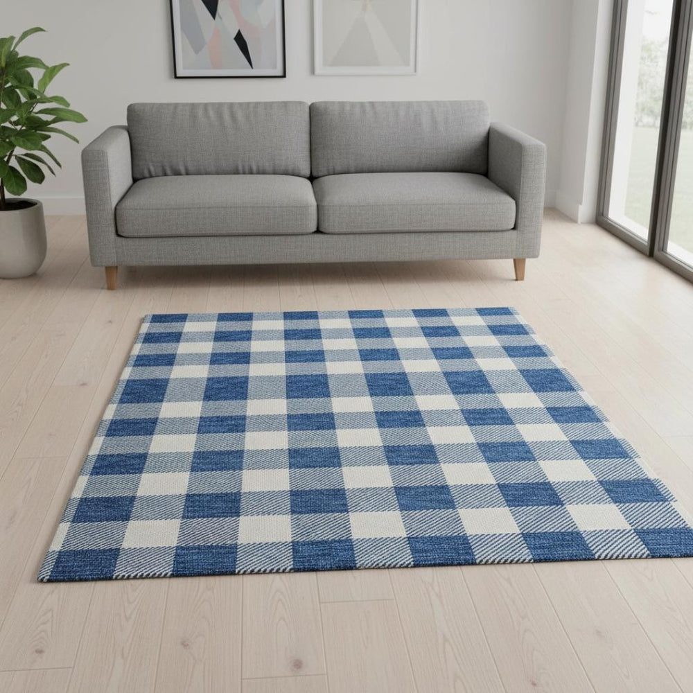 HomeRoots 5' X 8' Navy Blue Plaid Area Rug - Washable, UV Protected, Soft, Durable for Family Rooms & More 673389