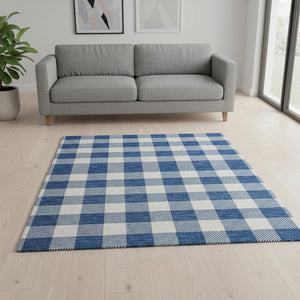 HomeRoots 5' X 8' Navy Blue Plaid Area Rug - Washable, UV Protected, Soft, Durable for Family Rooms & More 673389