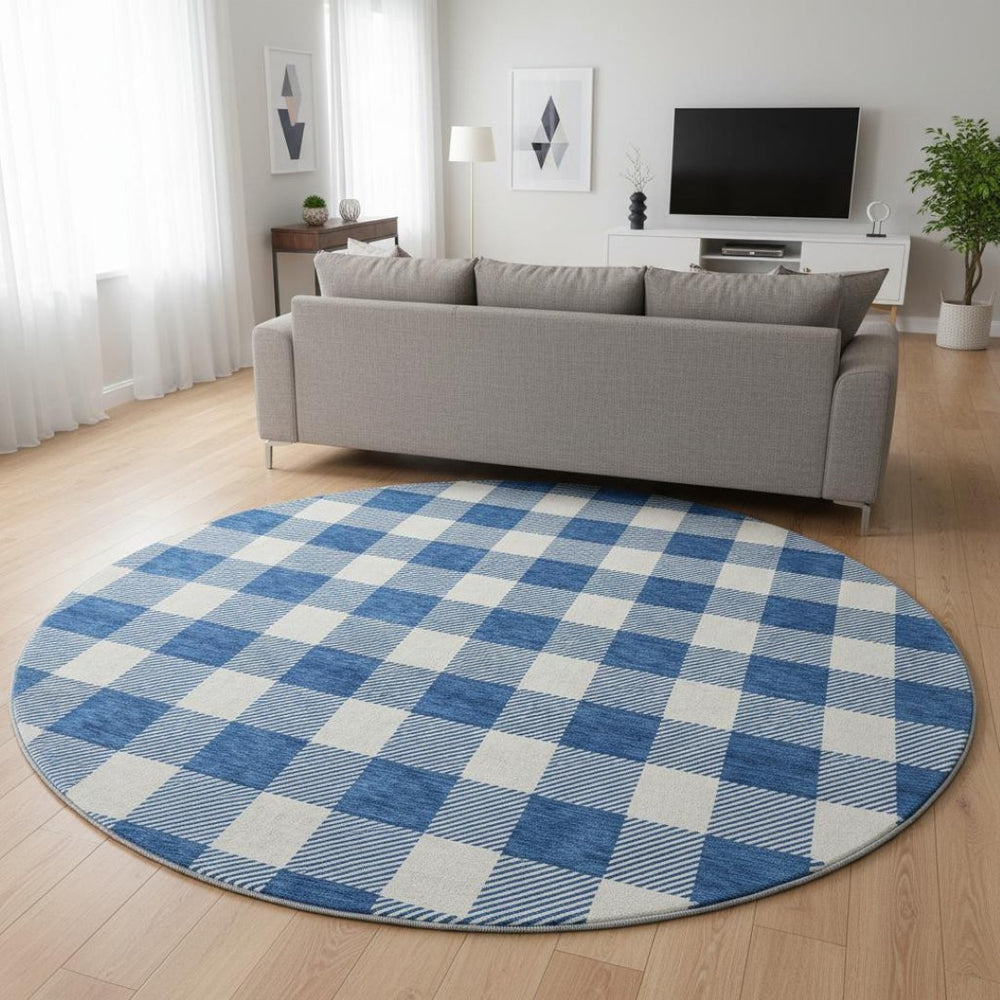 HomeRoots 8' Navy Blue and Ivory Plaid Washable Round Rug – UV Protected, Stain Resistant for Family Spaces 673390