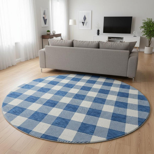 HomeRoots 8' Navy Blue and Ivory Plaid Washable Round Rug – UV Protected, Stain Resistant for Family Spaces 673390