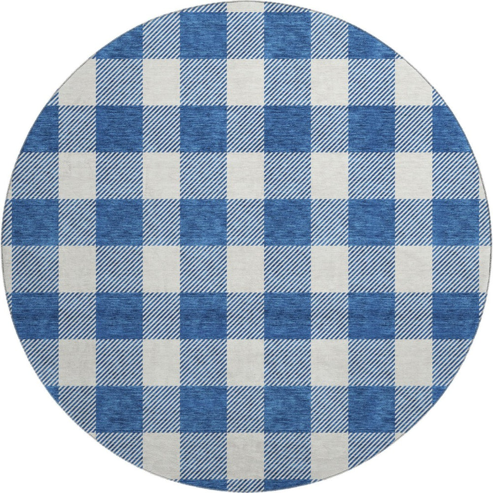 HomeRoots 8' Navy Blue and Ivory Plaid Washable Round Rug – UV Protected, Stain Resistant for Family Spaces 673390