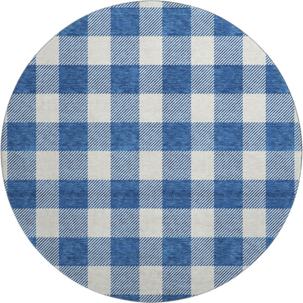 HomeRoots 8' Navy Blue and Ivory Plaid Washable Round Rug – UV Protected, Stain Resistant for Family Spaces 673390