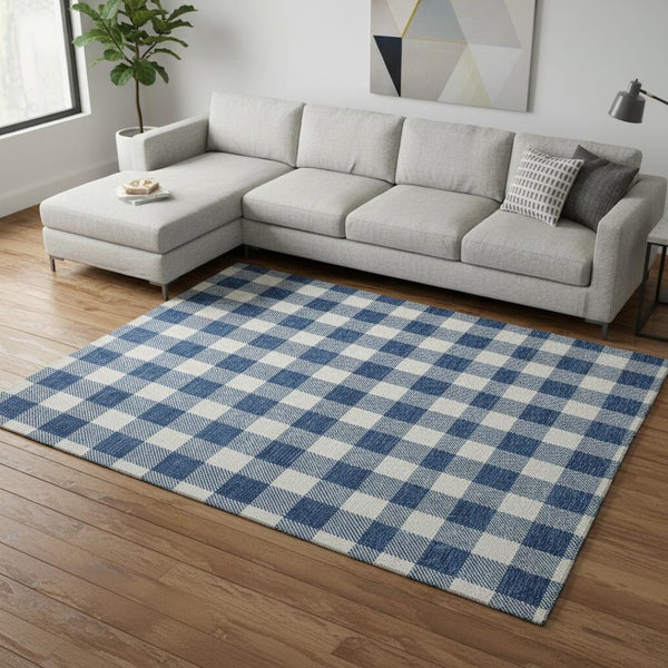 HomeRoots 8' X 10' Navy Blue Plaid Area Rug - Washable, UV Protected, Durable Design for Busy Homes & Pets 673391