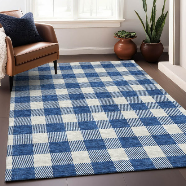 HomeRoots 8' X 10' Navy Blue Plaid Area Rug - Washable, UV Protected, Durable Design for Busy Homes & Pets 673391