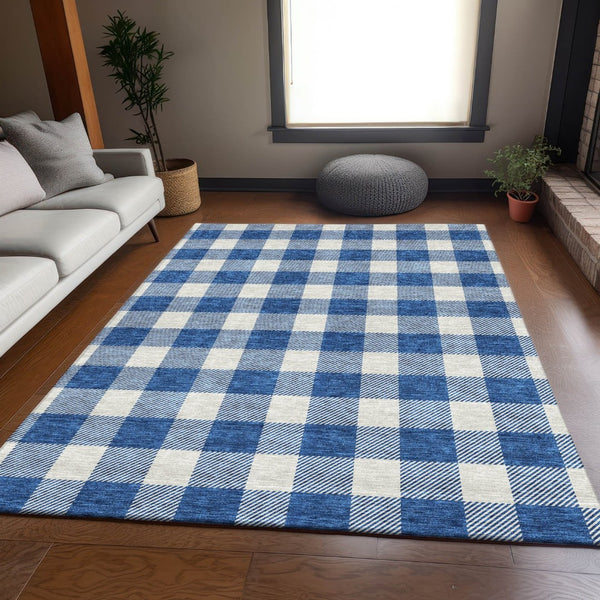 HomeRoots 8' X 10' Navy Blue Plaid Area Rug - Washable, UV Protected, Durable Design for Busy Homes & Pets 673391