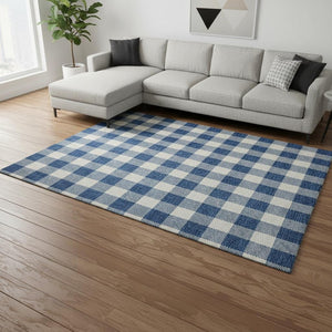HomeRoots 9' X 12' Navy Blue & Ivory Plaid Washable Area Rug with UV Protection for Stylish, Durable Living Spaces 673392