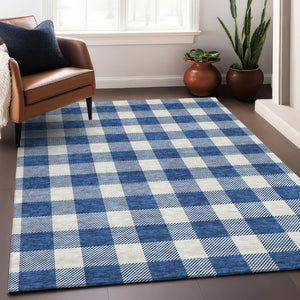 HomeRoots 9' X 12' Navy Blue & Ivory Plaid Washable Area Rug with UV Protection for Stylish, Durable Living Spaces 673392