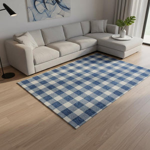 HomeRoots 10' X 14' Navy Blue & Ivory Plaid Area Rug – Durable, Washable, UV-Protected for High-Traffic Spaces 673393