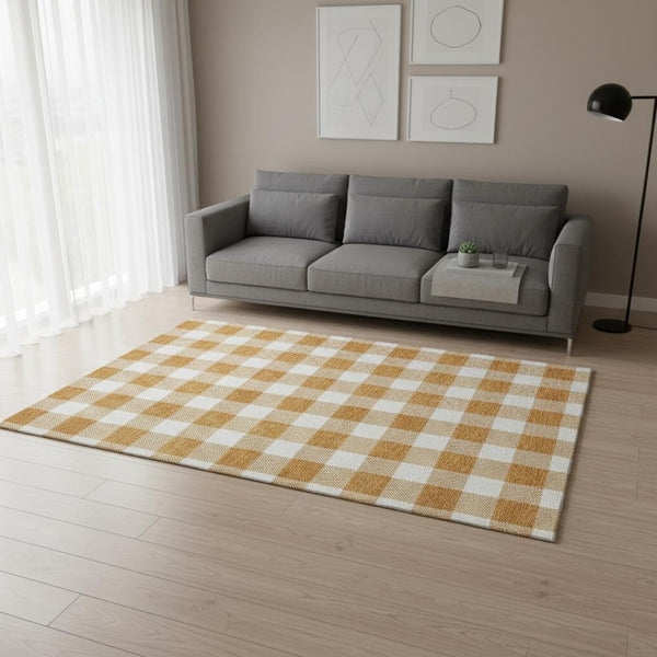 HomeRoots 5' X 8' Orange and Ivory Plaid Washable Area Rug with UV Protection for Durable, Stylish Living Spaces 673395