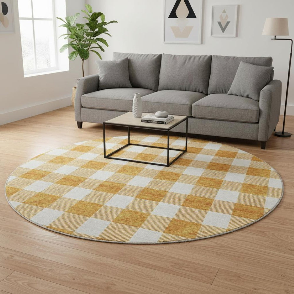 HomeRoots 8' Orange and Ivory Plaid Washable Round Rug - Durable, UV-Protected, Stain-Resistant for Busy Homes 673396