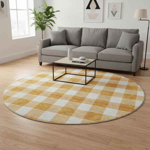 HomeRoots 8' Orange and Ivory Plaid Washable Round Rug - Durable, UV-Protected, Stain-Resistant for Busy Homes 673396