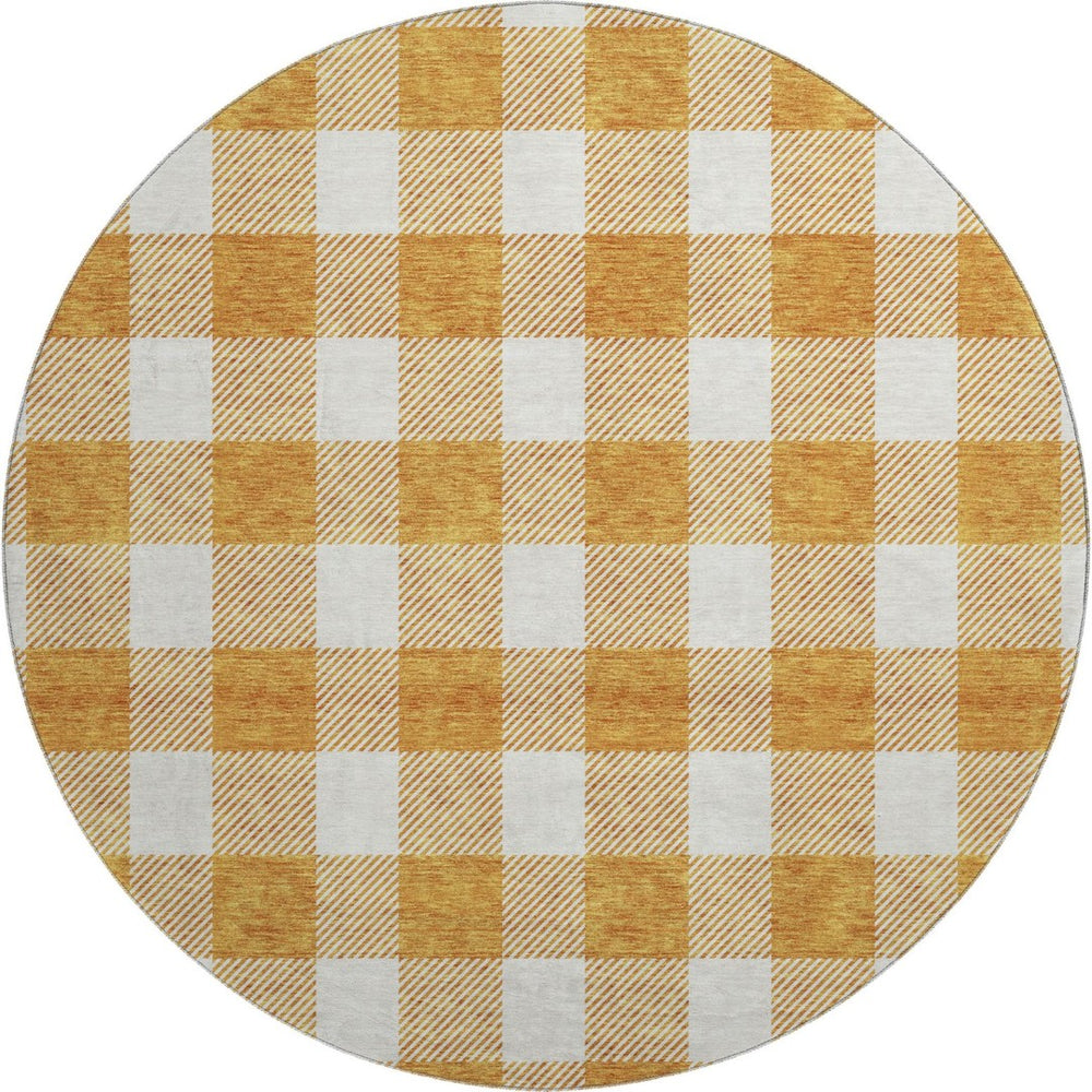 HomeRoots 8' Orange and Ivory Plaid Washable Round Rug - Durable, UV-Protected, Stain-Resistant for Busy Homes 673396